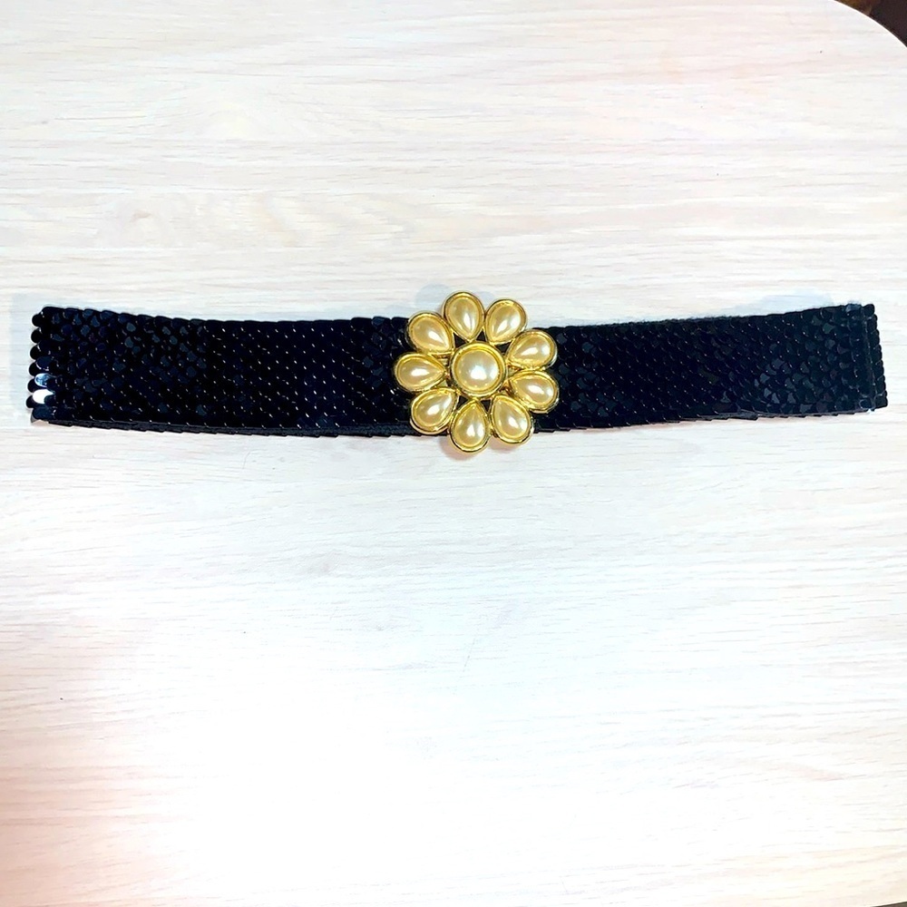 Pearl Sequin & Gold Accent Stretchy Vintage 1980s Woman’s Belt Small 2/4/6